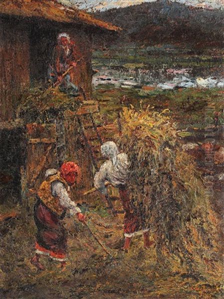 Peasant Women Harvesting Hay Oil Painting by Octav Bancila