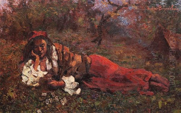 Gipsy Girl Resting Oil Painting by Octav Bancila