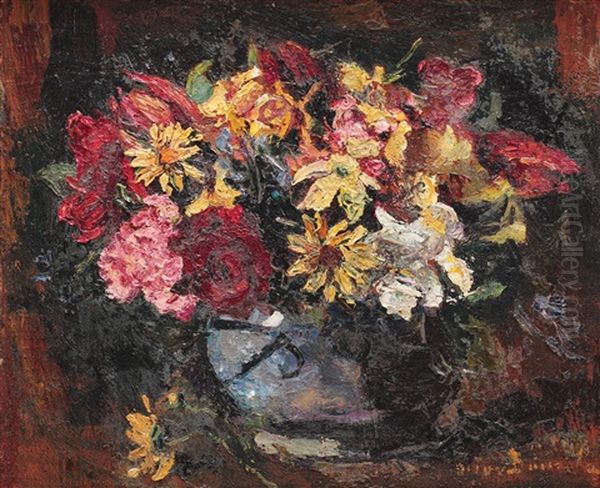 Pot With Plain Flowers Oil Painting by Octav Bancila