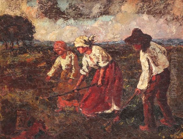 Ploughing Oil Painting by Octav Bancila