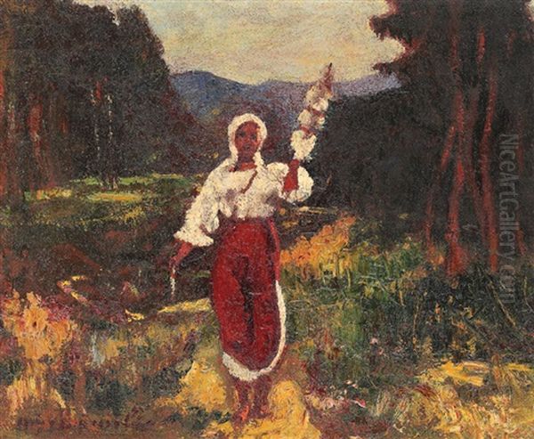 Shepherd Girl With Tow Oil Painting by Octav Bancila