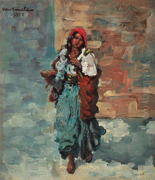 Gypsy Woman With Red Kerchief Oil Painting by Octav Bancila