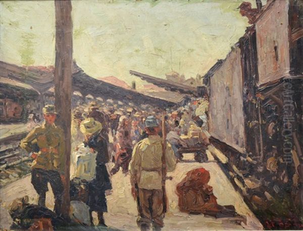 Train Station In Lasi During World War I Oil Painting by Octav Bancila