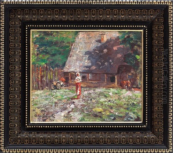 Little Peasant Girl In Front Of The House Oil Painting by Octav Bancila