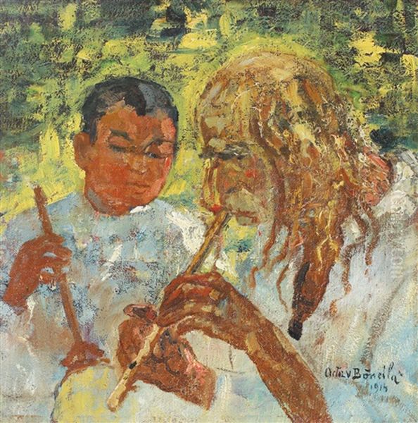 Music Lesson Oil Painting by Octav Bancila