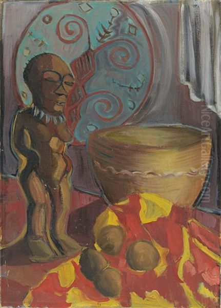 Afrikanisches Stilleben Mit Figur, Schild Und Vier Fruchten Oil Painting by Alma del Banco