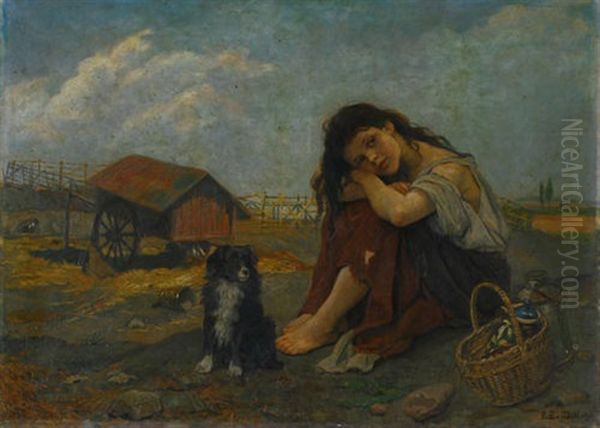 Traumendes Hirtenmadchen Mit Hund Auf Der Koppel Oil Painting by Eugenie Bandell