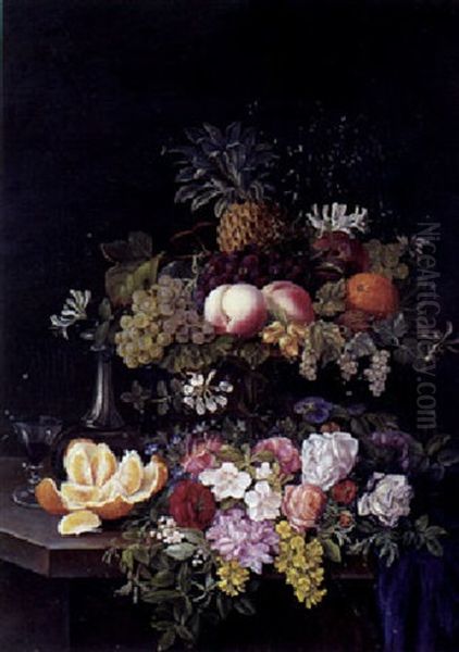 Opsats Med Frugter Pa Bord Med Blomsterbuket Oil Painting by Peter Marius Bang