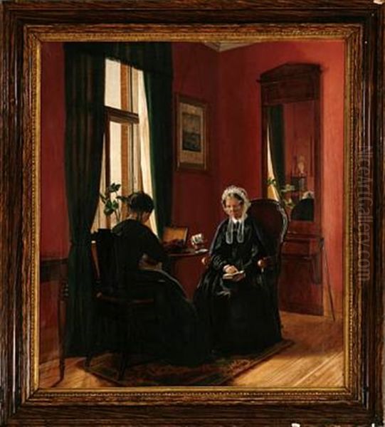 Interior With The Artist's Mother Marie Bang (nee Fribert) Reading And The Artist's Sister Ulrikke Bang Sewing Oil Painting by Vilhelmine Marie Bang