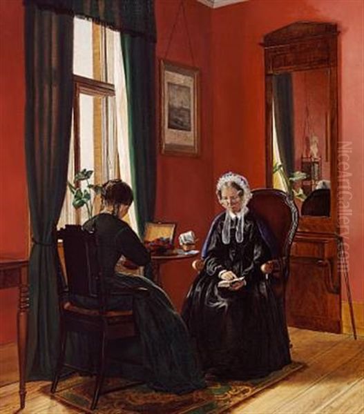 Interior With The Artist's Mother Reading And The Artist's Sister Sewing Oil Painting by Vilhelmine Marie Bang