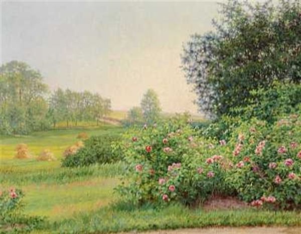 Landskab Med Blomstrende Roser. I Baggrunden Hostakke Oil Painting by Vilhelmine Marie Bang