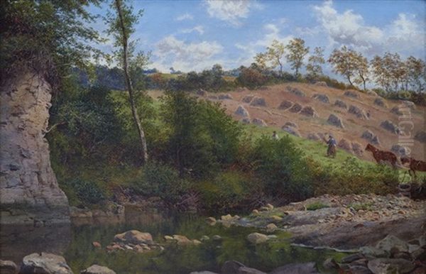 Landscape With A Stream And Harvesters Working In A Field Beyond Oil Painting by Thomas J. Banks