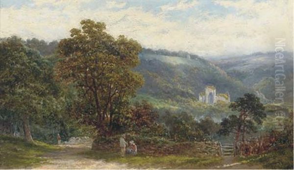 Figures By A Beaten Track, An Abbey Ruin Beyond Oil Painting by Thomas J. Banks