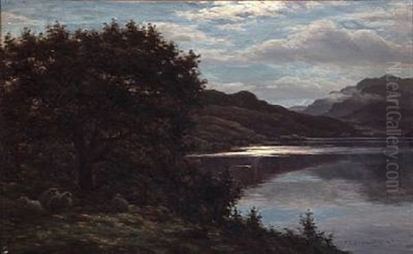 Sheeps Under A Tree By A Loch In Scotland Oil Painting by John James Bannatyne