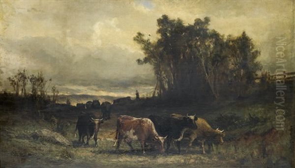 Untitled (cow Herd In Pastoral Landscape) Oil Painting by Edward Bannister