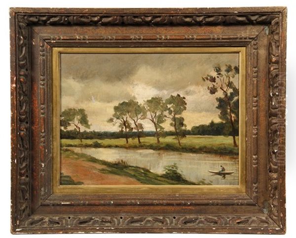 River Scene With Canoeist Oil Painting by Edward Bannister