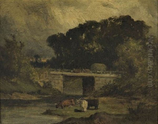 Untitled (landscape With Bridge And Cows) Oil Painting by Edward Bannister