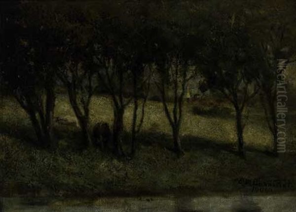 Untitled - Cows In Pasture, Near A Stream Oil Painting by Edward Bannister