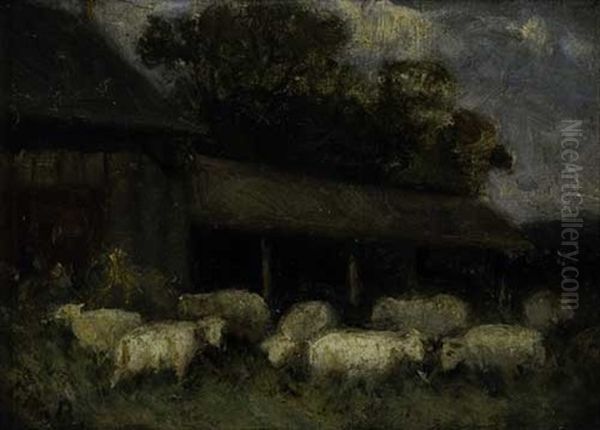 Untitled - Sheep And Farm Buildings Oil Painting by Edward Bannister