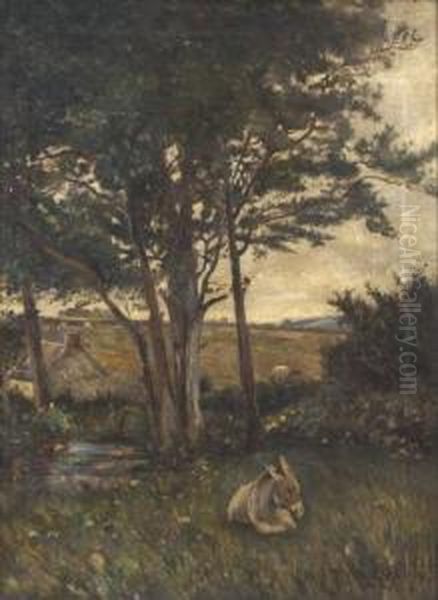 Donkey Resting By A River Oil Painting by Joseph Poole Addey