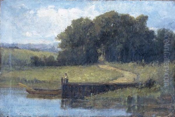 Figure On A Pier At Edge Of Lake Oil Painting by Edward Bannister