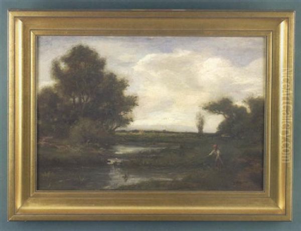 Country Landscape With Man Fishing At A Pond, With Trees In The Foreground And A Town In Background Oil Painting by Edward Bannister