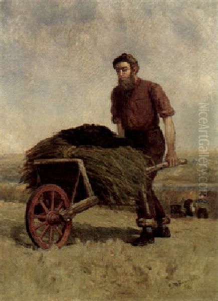 Farmer Pushing A Wheelbarrow Oil Painting by Edward Bannister