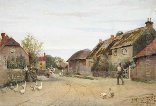 English Village Scene Oil Painting by Joseph Poole Addey