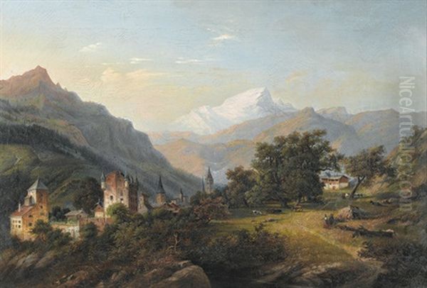 Gebirgspartie Mit Ortschaft Und Burg Oil Painting by Leonhard Bantli