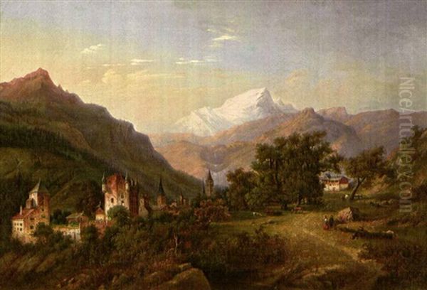 Berglandschaft Mit Ortschaft, Im Vordergrund Eine Burg Oil Painting by Leonhard Bantli