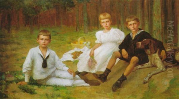 Die Kinder Der Familie Bienert Beim Picknick Im Wald by Carl Ludwig Noah Bantzer