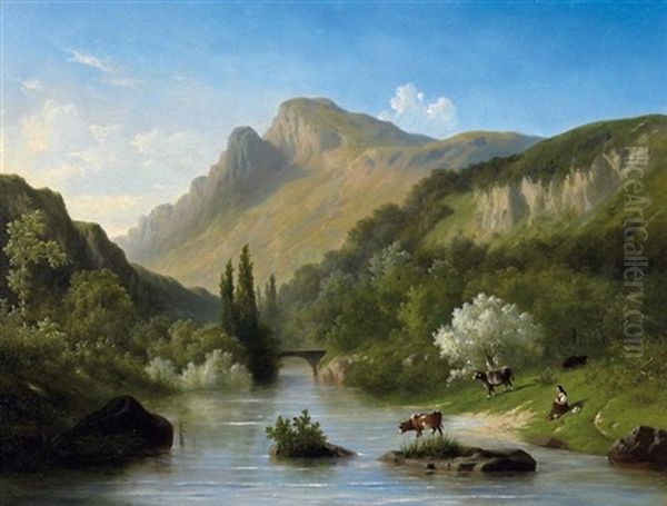 Landliche Idylle. Junge Hirtin Und Vieh An Einem Fluslauf Im Gebirge Oil Painting by Alexander de Bar