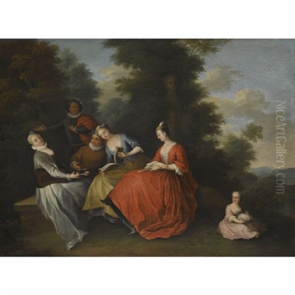 An Elegant Company Seated Outdoors Making Music (+ An Elegant Company Seated Outdoors With A Couple Looking At A Bird's Nest, Smllr; Pair) Oil Painting by Bonaventure De Bar