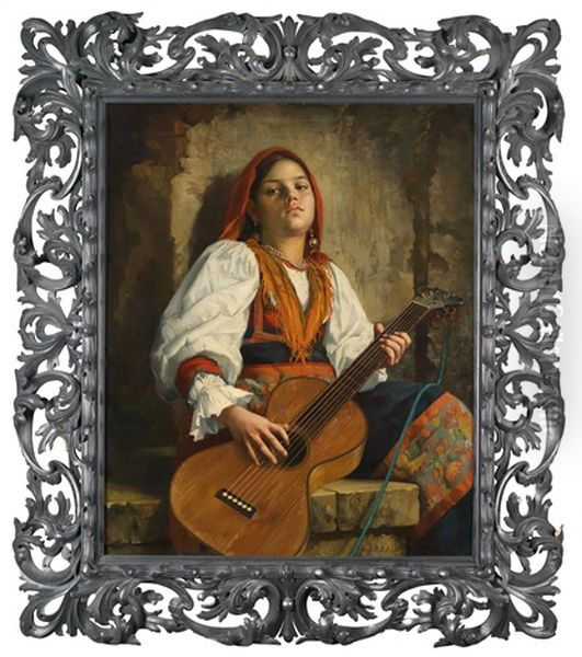 Gitarrenspielerin Oil Painting by Leopold Bara