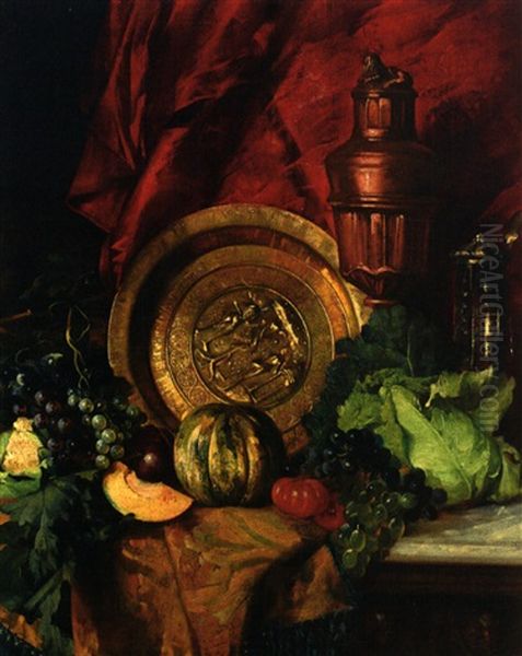 Stilleben Mit Beckenschlagerschale, Obst, Gemuse Und Krug Oil Painting by Leopold Bara