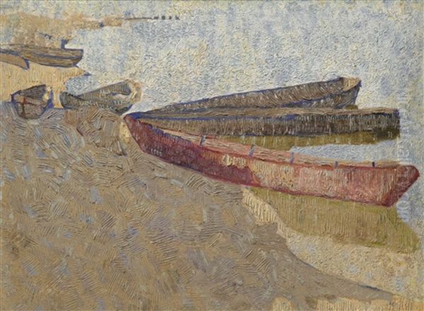 Three Boats On The Dnieper Oil Painting by Vladimir Davidovich Baranoff-Rossine