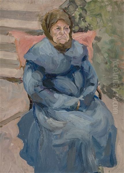 An Elderly Woman In A Blue Coat Oil Painting by Vladimir Davidovich Baranoff-Rossine