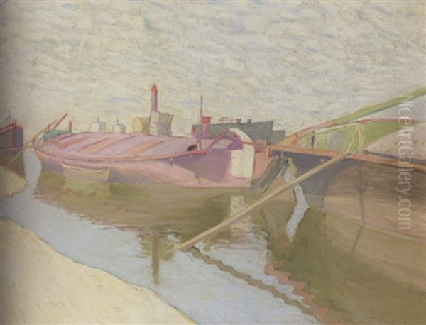 Barges On The Canal Oil Painting by Vladimir Davidovich Baranoff-Rossine