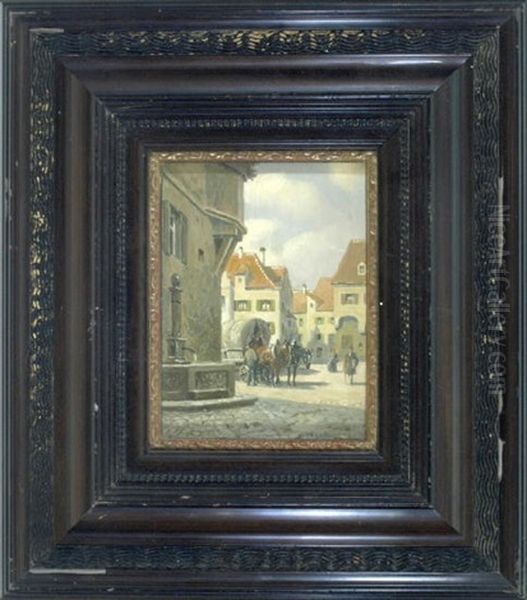 Blick Von Einer Seitenstrase Mit Brunnen Auf Eine Belebte Marktszene Mit Fuhrwerk Oil Painting by Max Barascudts