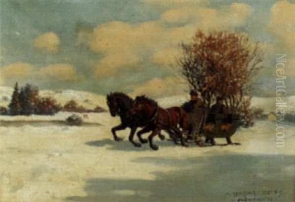 Winterlandschaft Mit Pferdeschlitten Oil Painting by Max Barascudts