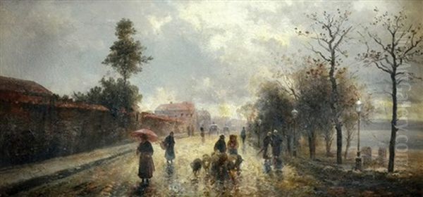 Figure And Sheep In The Street Oil Painting by Emil Barbarini