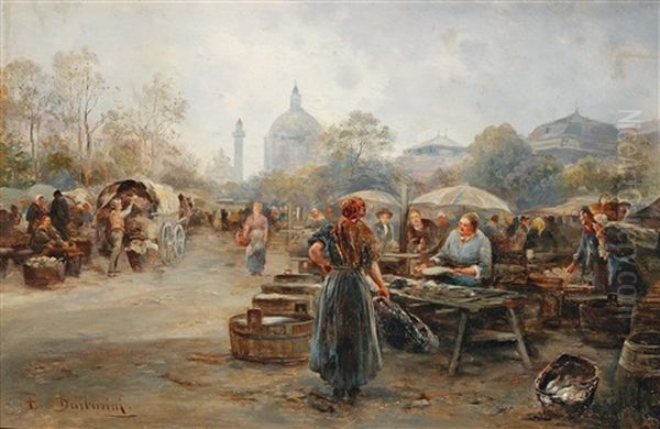 Market Day Near The Church Of St. Charles Oil Painting by Emil Barbarini