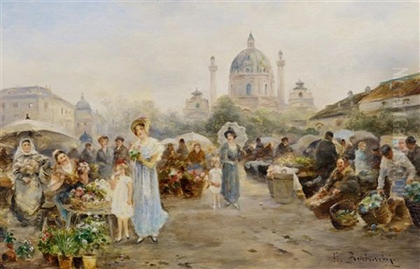 Blumenmarkt Vor Der Karlskriche In Wien by Emil Barbarini