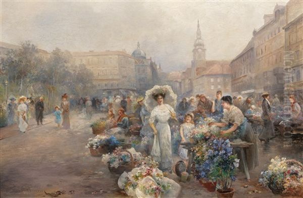 Flower Market In Vienna (rochusmarkt?) Oil Painting by Emil Barbarini