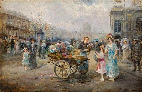 Flower Seller In Front Of The Vienna State Opera Oil Painting by Emil Barbarini