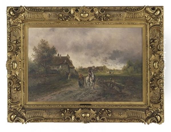 Autumnal Village Scene With A Figure On Horseback Oil Painting by Emil Barbarini