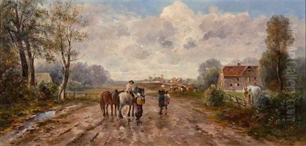 Herbstliche Landschaft. Bauer Mit Heimkehrendem Vieh Nach Einem Gewitter. Oil Painting by Emil Barbarini