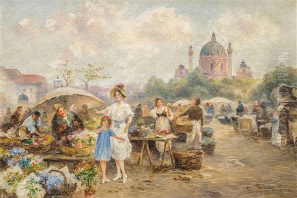 Blumenmarkt Auf Dem Wiener Karlsplatz Oil Painting by Emil Barbarini