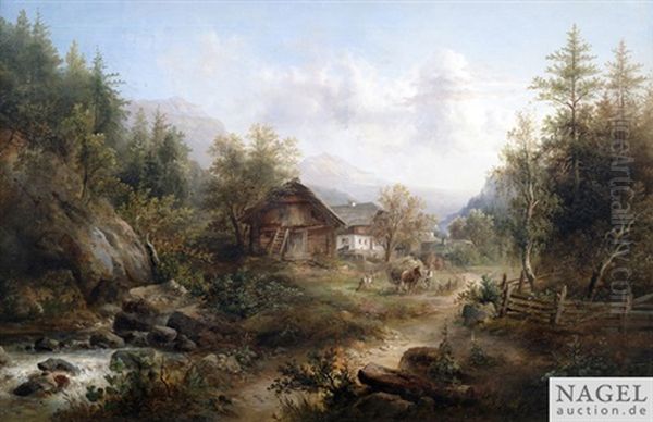 Gebirgslandschaft Mit Bauerngehoft Oil Painting by Emil Barbarini