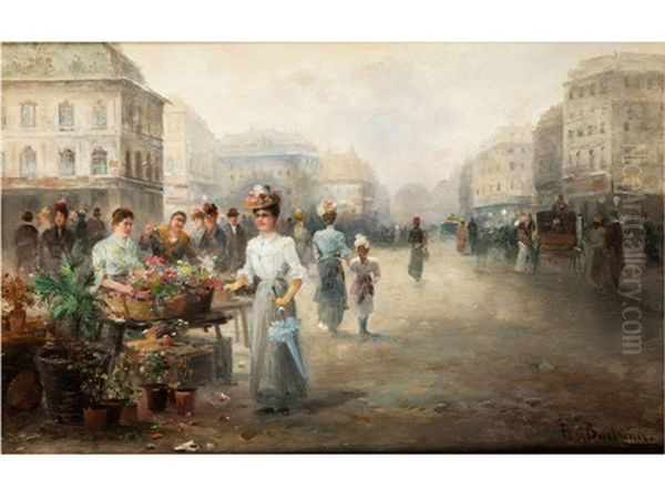 Besuch Des Blumenmarkts In Wien Oil Painting by Emil Barbarini